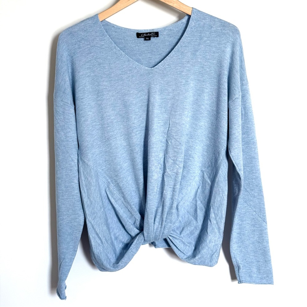 Charlie B Light Blue Twisted Knotted Front V-Neck Lightweight Sweater Large